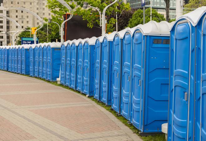 colorful portable restrooms available for rent at a local fair or carnival in Canadian Lakes